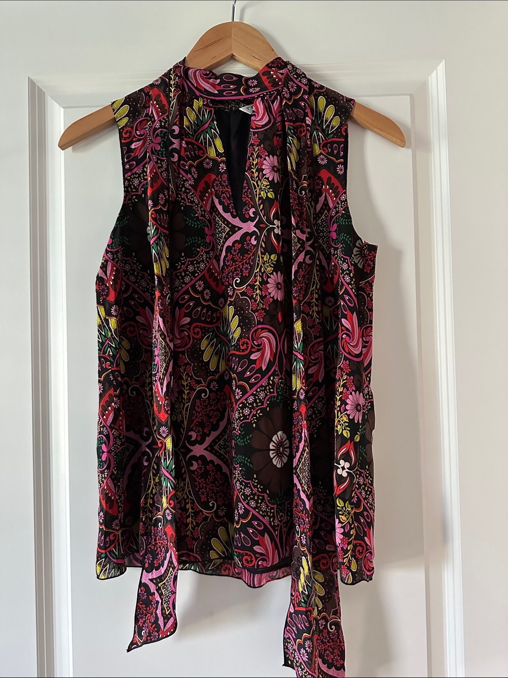 Trina Turk Sleeveless Paisley Tie-Neck Blouse